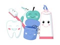 Cartoon toothcare characters. Dental health cute mascots. Toothpaste and white tooth mouthwash bottle with funny emotions. Royalty Free Stock Photo