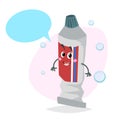 Cartoon toothpaste smiling mascot. Dental care character with dummy speech bubble.