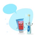 Cartoon toothpaste tube and electric ultrasound toothbrush smiling mascots.Hygiene and dental care characters with dummy speech bu