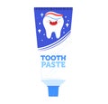 Cartoon toothpaste tube with a smiling tooth character. Cute dental care product design. Kids oral hygiene and dentistry