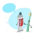 Cartoon toothpaste tube and toothbrush smiling mascots.Hygiene and dental care characters with dummy speech bubble.