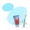 Cartoon toothpaste tube and toothbrush smiling mascots.Hygiene and dental care characters with dummy speech bubble.