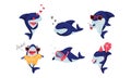 Cartoon Toothy Shark Snorkeling and Drinking Cocktail Vector Set