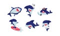 Cartoon Toothy Shark Surfboarding and Greeting Vector Set