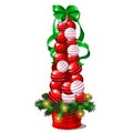 Cartoon topiary in the form of a cone Christmas tree with baubles and green ribbon bow. Sketch for greeting card