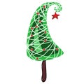Cartoon topiary in the form of a cone Christmas tree with baubles. Sketch for greeting card, festive poster or party