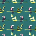 Cartoon toucan birds on heliconia branches seamless pattern vector