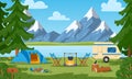 Cartoon tourist camp summer forest and mountain landscape. Campfire and tent, natural picnic spot vector illustration. Beautiful Royalty Free Stock Photo