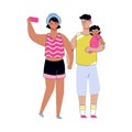 Cartoon tourist family taking travel selfie together on smartphone