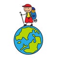 Cartoon tourist going up the globe