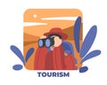 Cartoon tourist man in hat looking through binoculars illustration