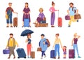 Cartoon tourists with luggage go to travel. Isolated woman men holding bags and backpack, man run with things. Vacation