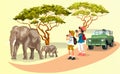 Cartoon tourists taking pictures of family of elephants walking in the zoo