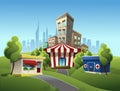 Cartoon town for children. Circus, Flower House, Hospital, City. Vector graphics.