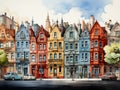 A cartoon town with different colored houses and shops built facing each other along the road. Royalty Free Stock Photo