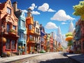 A cartoon town with different colored houses and shops built facing each other along the road. Royalty Free Stock Photo