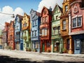 A cartoon town with different colored houses and shops built facing each other along the road. Royalty Free Stock Photo