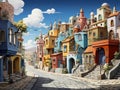 A cartoon town with different colored houses and shops built facing each other along the road. Royalty Free Stock Photo