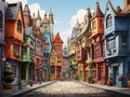 A cartoon town with different colored houses and shops built facing each other along the road. Royalty Free Stock Photo