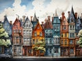 A cartoon town with different colored houses and shops built facing each other along the road. Royalty Free Stock Photo