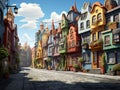 A cartoon town with different colored houses and shops built facing each other along the road. Royalty Free Stock Photo