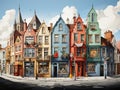 A cartoon town with different colored houses and shops built facing each other along the road. Royalty Free Stock Photo