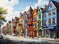 A cartoon town with different colored houses and shops built facing each other along the road. Royalty Free Stock Photo