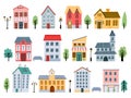 Cartoon town street buildings, houses, shops, trees and flashlight for kids. Cute urban architecture elements. Childish Royalty Free Stock Photo