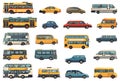Cartoon town transportation. City vehicles isolated, transport sets, urban buses and cars side view Royalty Free Stock Photo