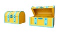 Cartoon toy chests in bright saturated tones of yellow and blue with open and closed lids. Isolated Royalty Free Stock Photo