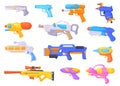 Cartoon toy guns. Futuristic plastic weapon for children games, water gun plasma blaster of space aliens laser ray Royalty Free Stock Photo