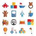 Cartoon toy puzzle cube robot boat drum bear, object for small children to play, flat style icons set Royalty Free Stock Photo