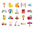 Cartoon toy rattle duck bucket abacus helicopter boat plane, object for small children to play, flat style icons set