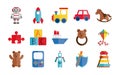 Cartoon toy robot rocket train horse boat, object for small children to play, flat style icons set Royalty Free Stock Photo