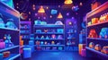 Cartoon toy shop interior with shelves. Kids supermarket interior illustration. Magic carousel shelf display with kid Royalty Free Stock Photo