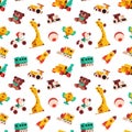 Cartoon toys pattern. Seamless print with kid colorful toys, cute baby transport animals and puzzle games. Vector texture