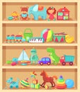 Cartoon toys on wood shelves. Funny animal baby piano girl doll and plush bear. Kids toy shopping shelf vector collection