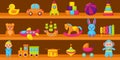 Cartoon toys on wood shelves. Kids toy shopping shelf vector group objects collection Royalty Free Stock Photo