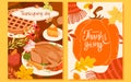 Cartoon traditional family dinner with roast turkey and wine, scarf and autumn harvest pumpkin with handwritten Royalty Free Stock Photo