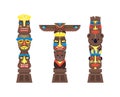 Cartoon Traditional Religious Totem Color Columns Set. Vector