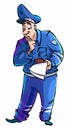 Cartoon traffic cop checks documents and thinks about it