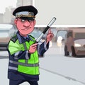 Cartoon male traffic inspector points finger at a part of a blank billboard Royalty Free Stock Photo