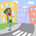 Cartoon traffic lights on the city road