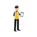 Cartoon traffic policeman standing and holding clipboard with form for police report