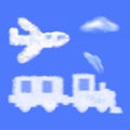 Cartoon train and plane shaped cloud in the blue s Royalty Free Stock Photo