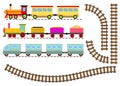 Cartoon train with wagons and railway. The toy train goes by rail.