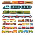 Cartoon trains. Kids toys train with wagons, childrens railway vector Illustration set Royalty Free Stock Photo