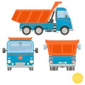 Cartoon transport. Dump truck illustration. View from side, back, front.