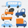 Cartoon transport set. Cars and truck, bus and concrete mixer chidish collection of hand dawn vehicle. Nursery art design, for Royalty Free Stock Photo