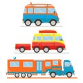 Cartoon transport set. Van with surfboard, van with trailer, campervan. Vector illustration